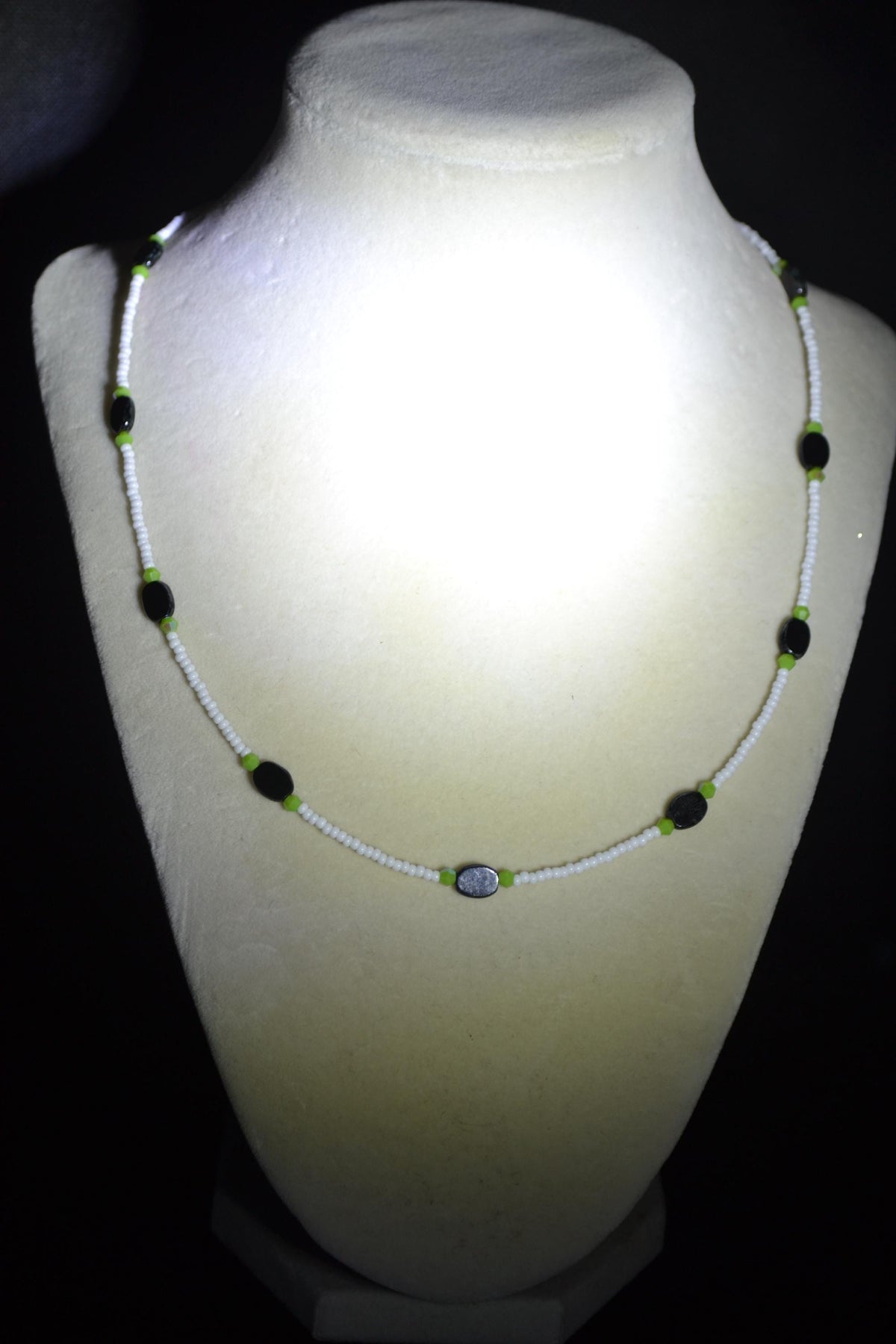 Multicolor glass bead necklace. White, lime, and black