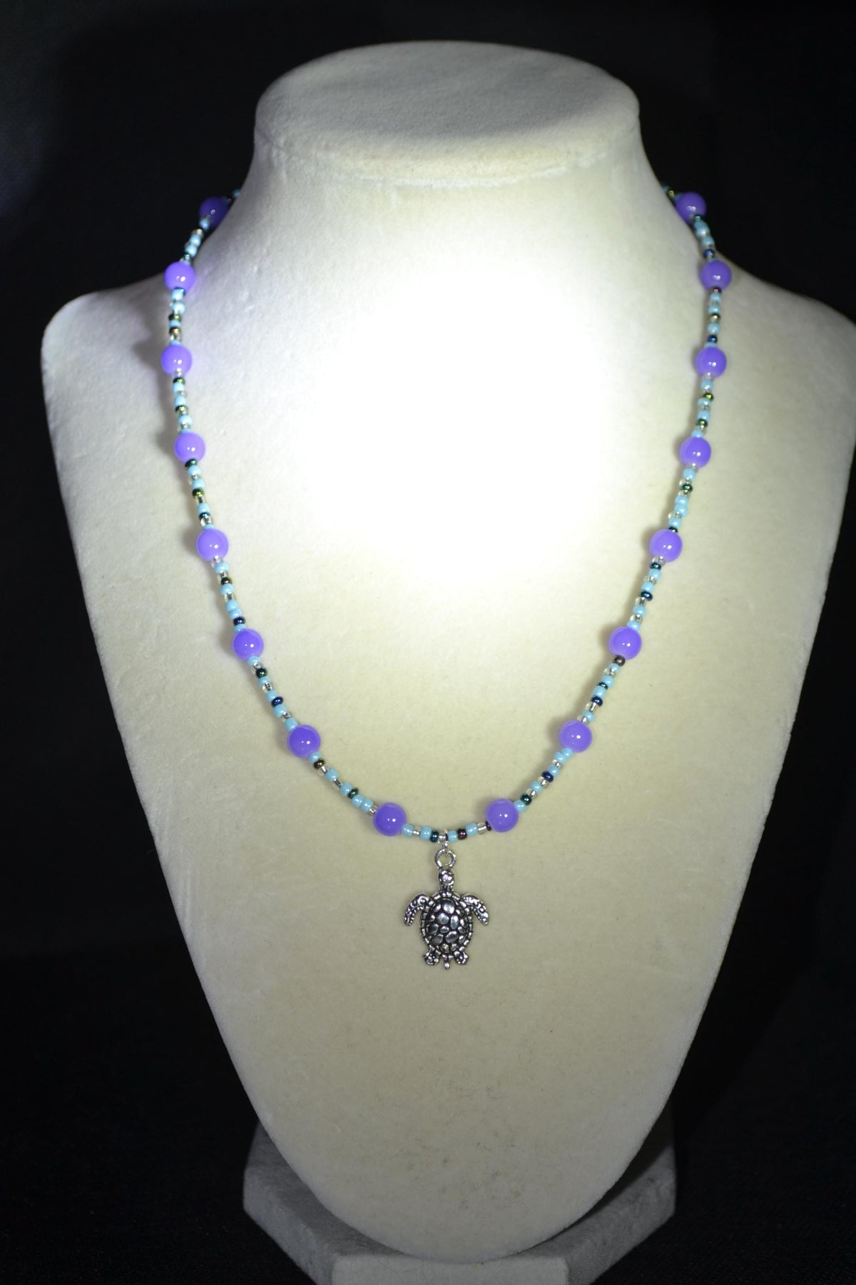 Silver Turtle pendant glass bead necklace. Deep sea