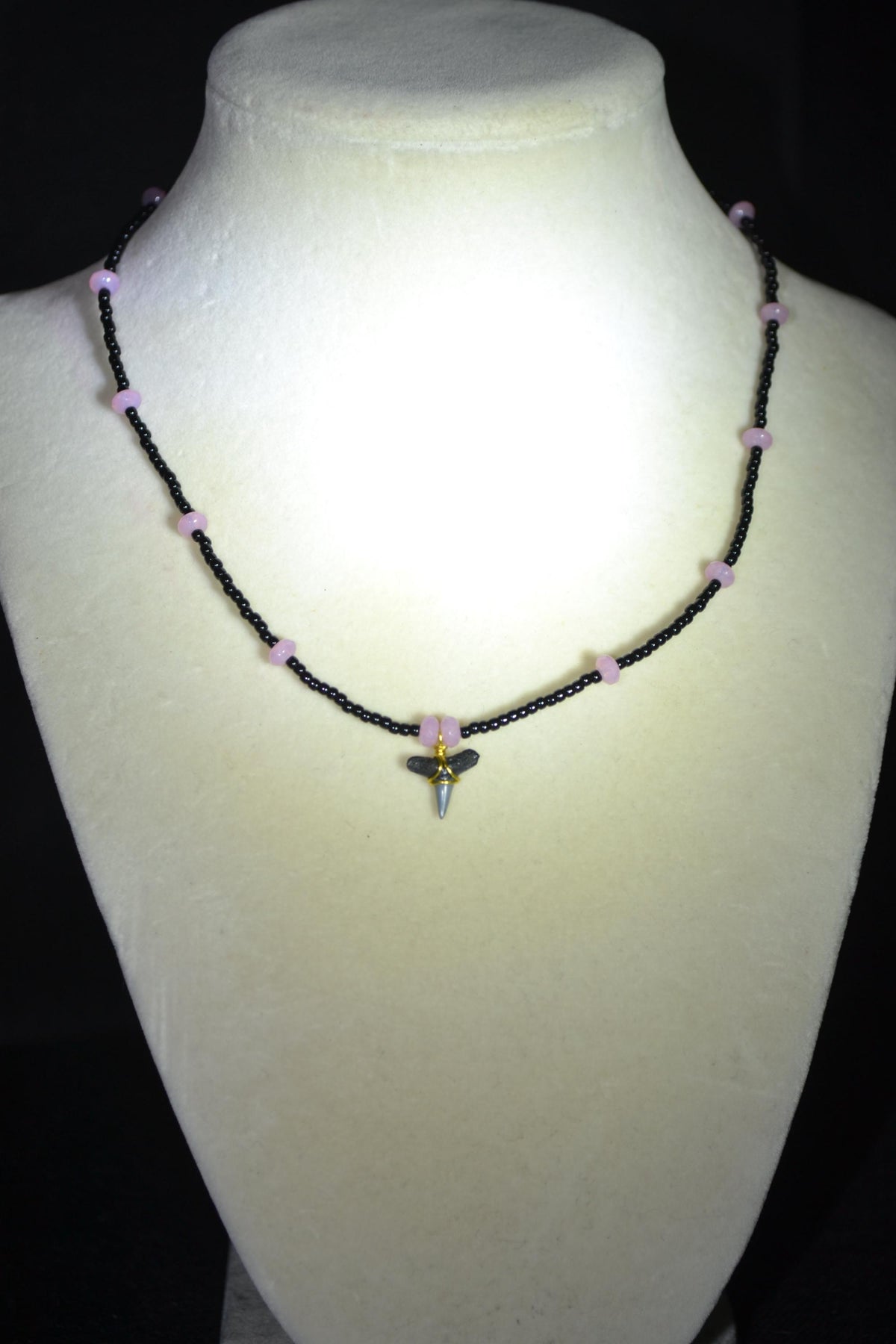 Wire wrapped sharks tooth beaded choker. Black and rose