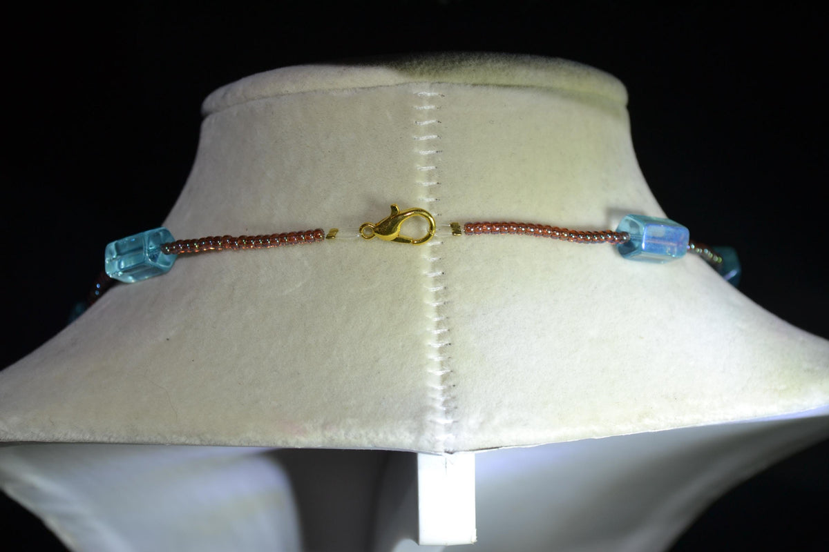 Multicolor glass bead necklace. Aqua and iridescent amber