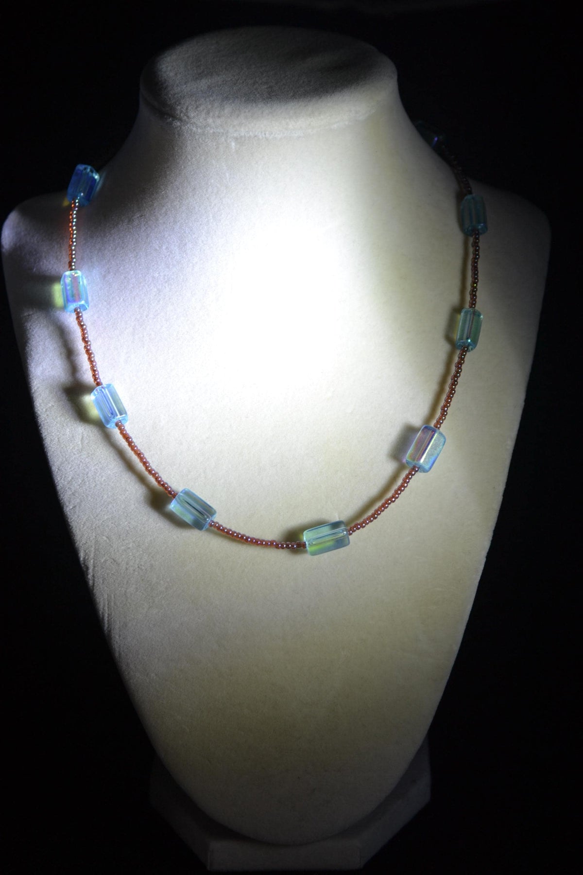 Multicolor glass bead necklace. Aqua and iridescent amber