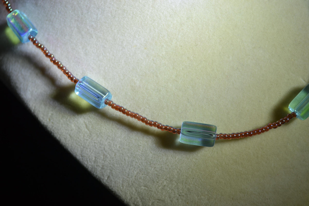 Multicolor glass bead necklace. Aqua and iridescent amber