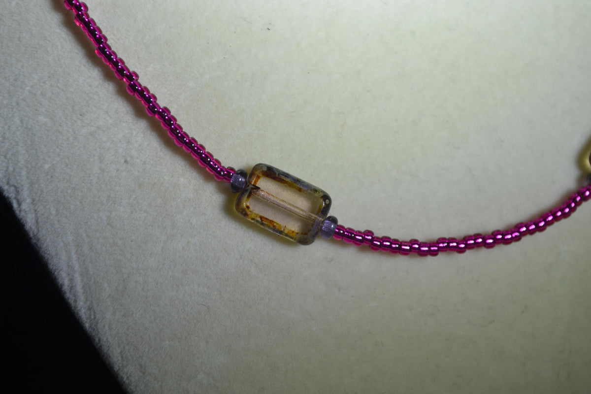 Multicolor glass bead necklace. Fuschia, amethyst, and square Picasso