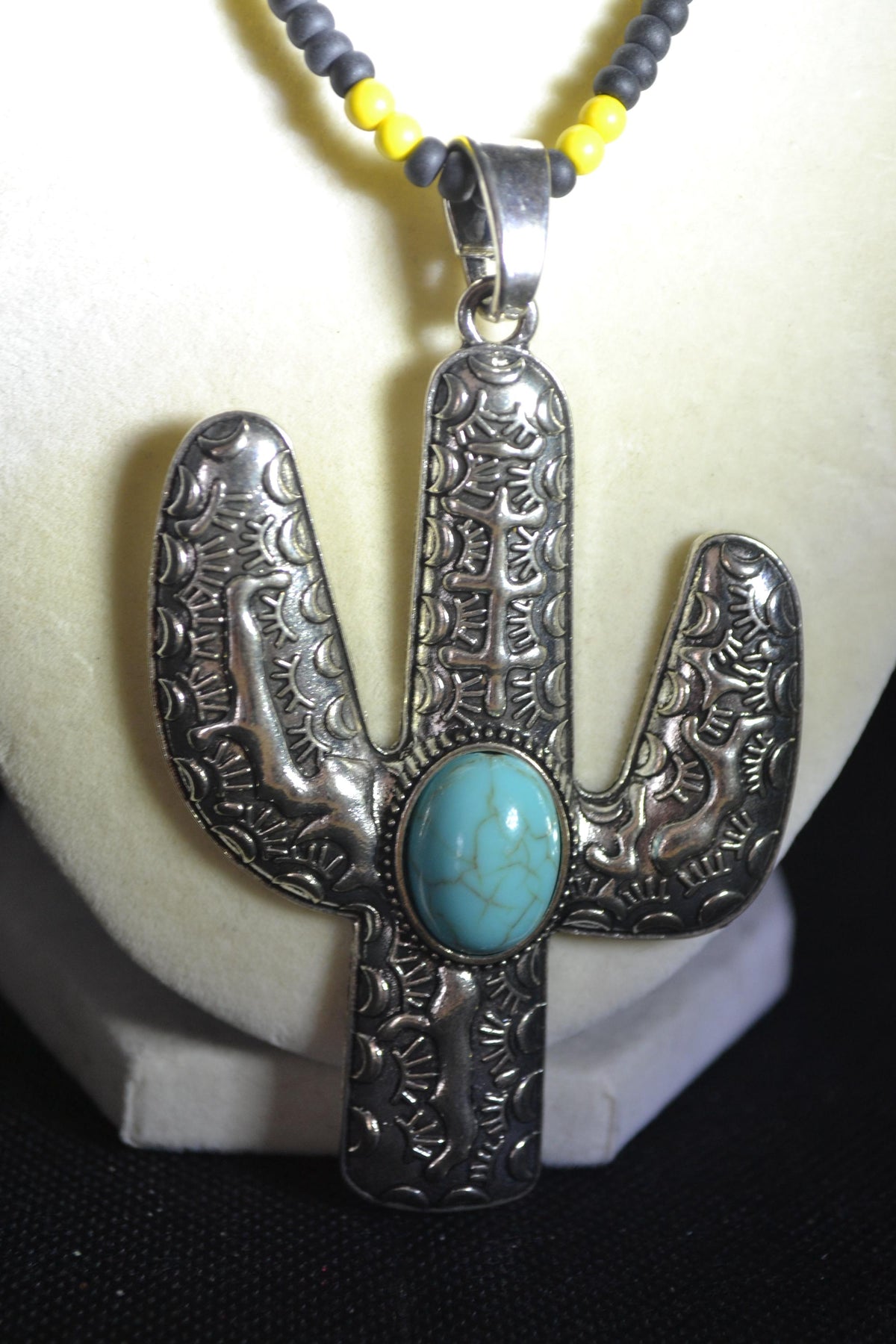 Silver and turquoise cactus pendant glass bead necklace. Black and yellow