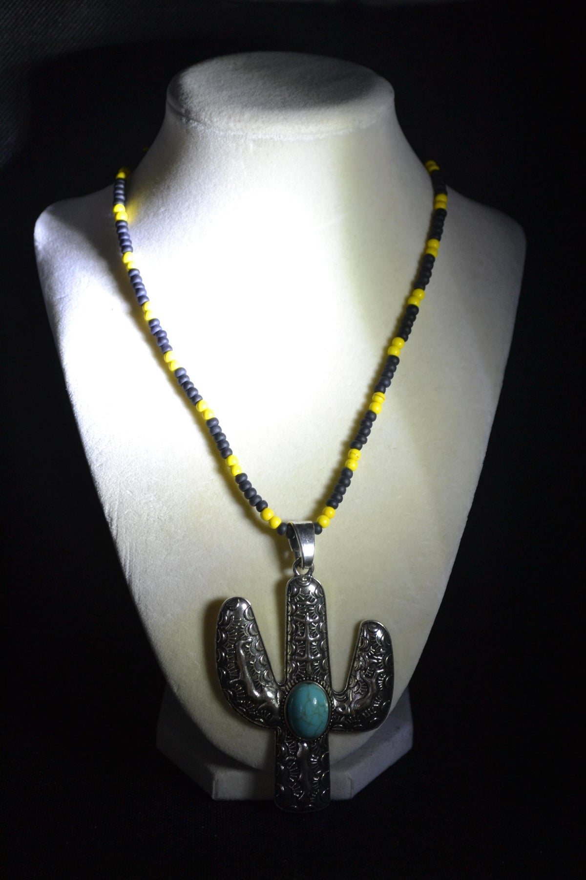 Silver and turquoise cactus pendant glass bead necklace. Black and yellow