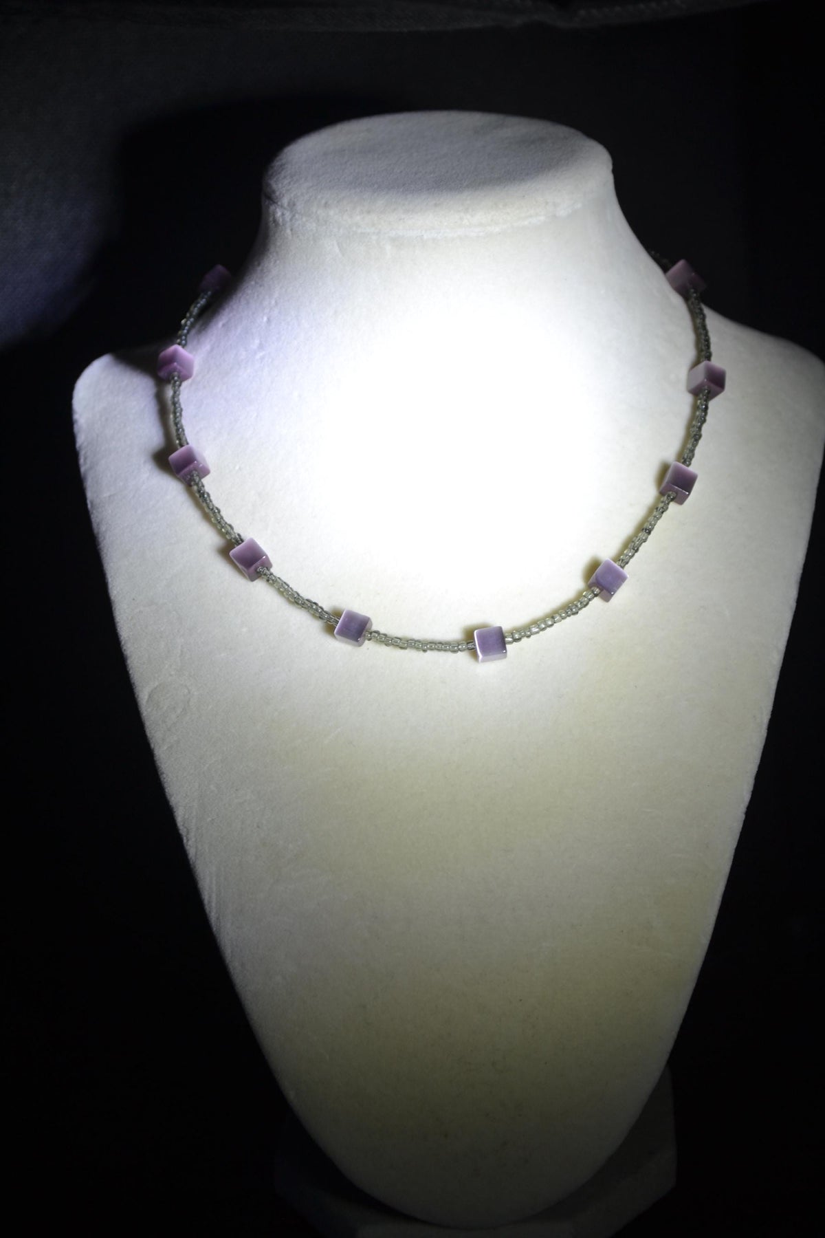 Multicolor glass bead necklace. Purple cat eye and grey