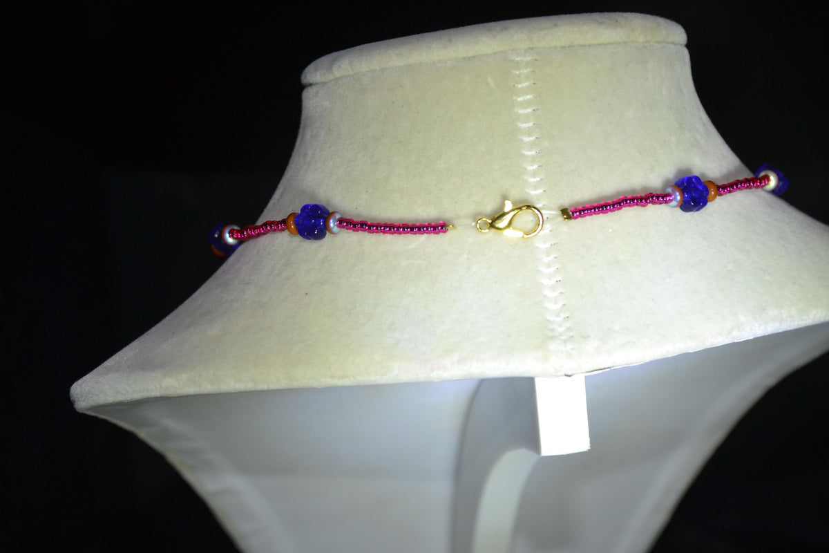 Multicolor glass bead choker. Cobalt flowers, metallic terracotta, and fuschia