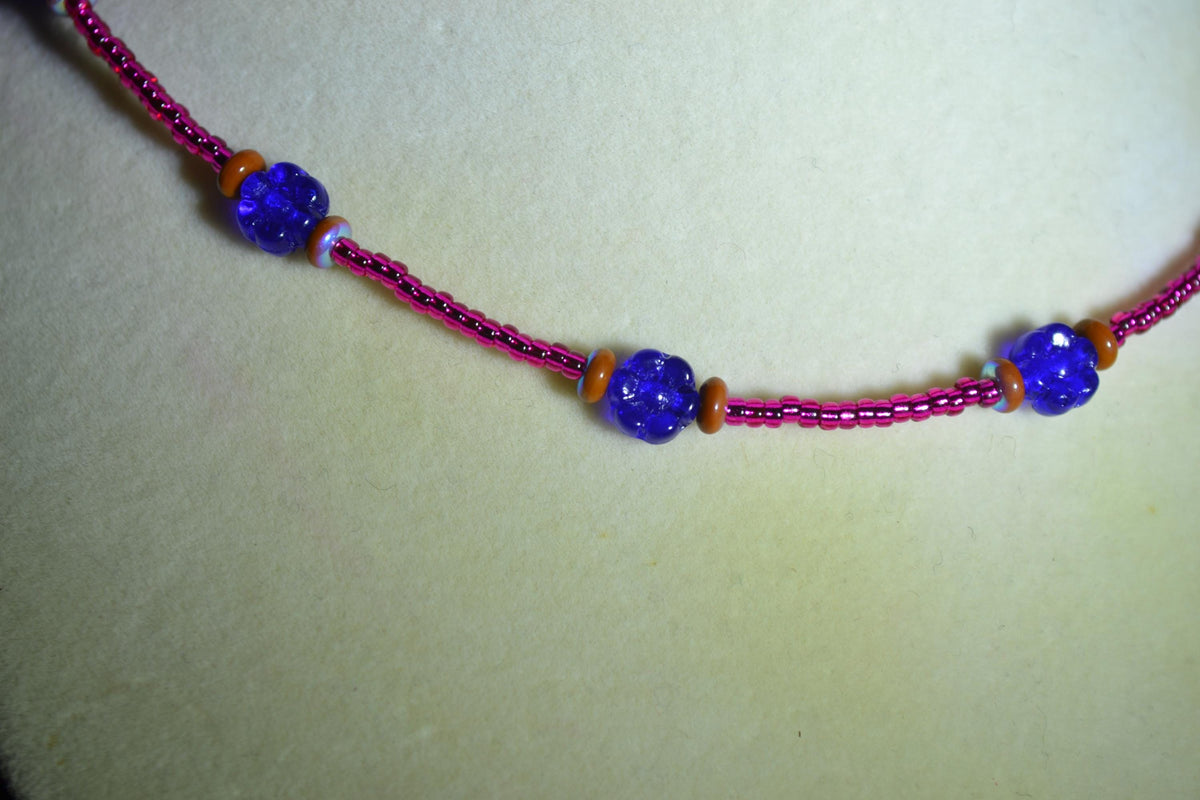 Multicolor glass bead choker. Cobalt flowers, metallic terracotta, and fuschia