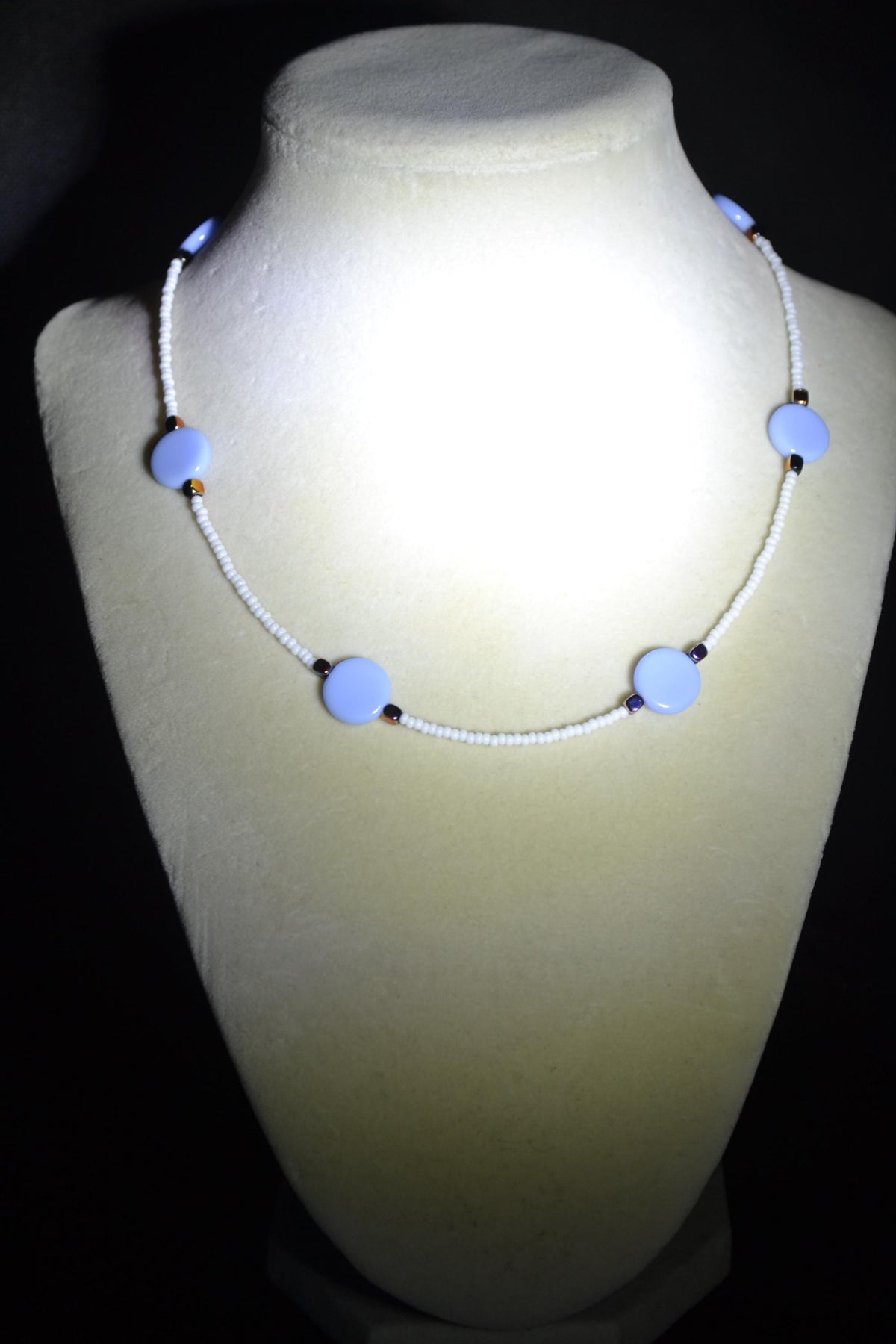 Multicolor glass bead necklace. Sky blue, metallic black, and white
