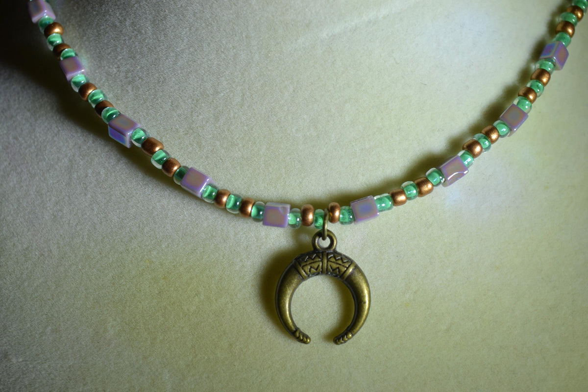 Bronze hook pendant glass bead choker. Bronze, teal, and iridescent purple