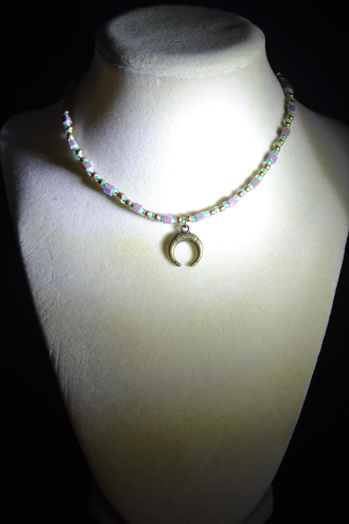Bronze hook pendant glass bead choker. Bronze, teal, and iridescent purple