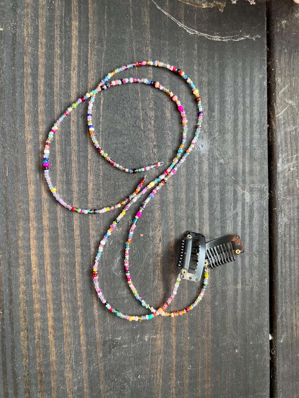 Hand beaded hair clip extensions. Customizable length.