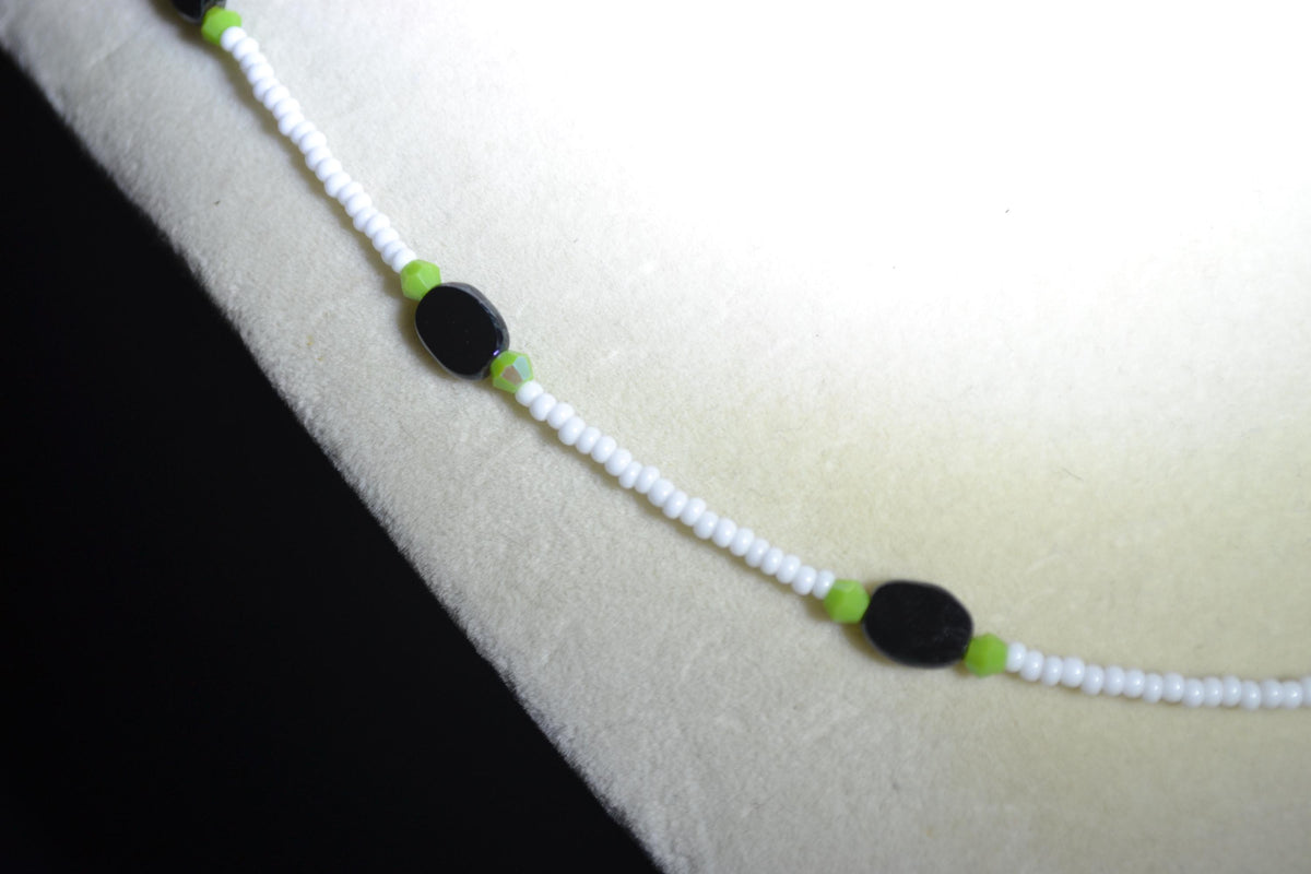 Multicolor glass bead necklace. White, lime, and black