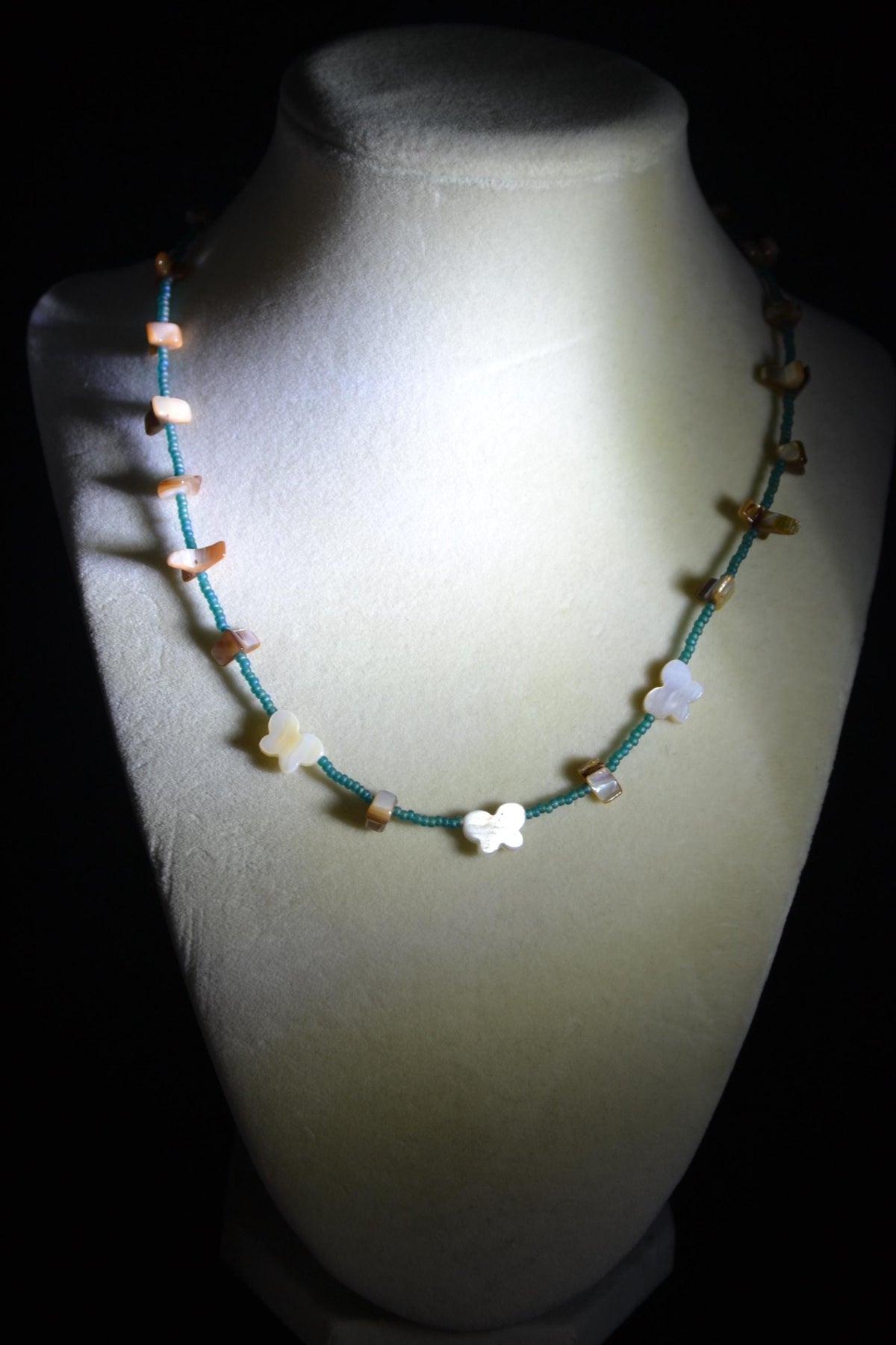 Multicolor glass bead necklace. Teal, brown abalone, white butterfly abalone