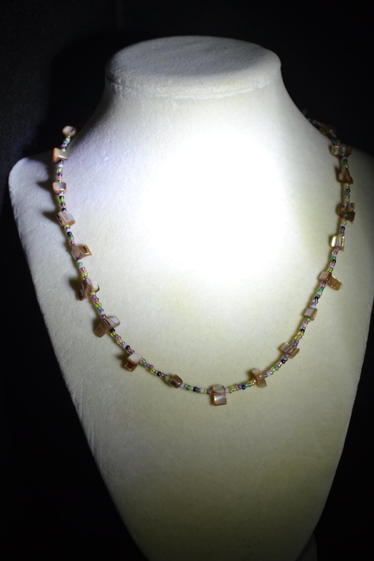 Multicolor glass bead necklace. Brown abalone and diluted rainbow