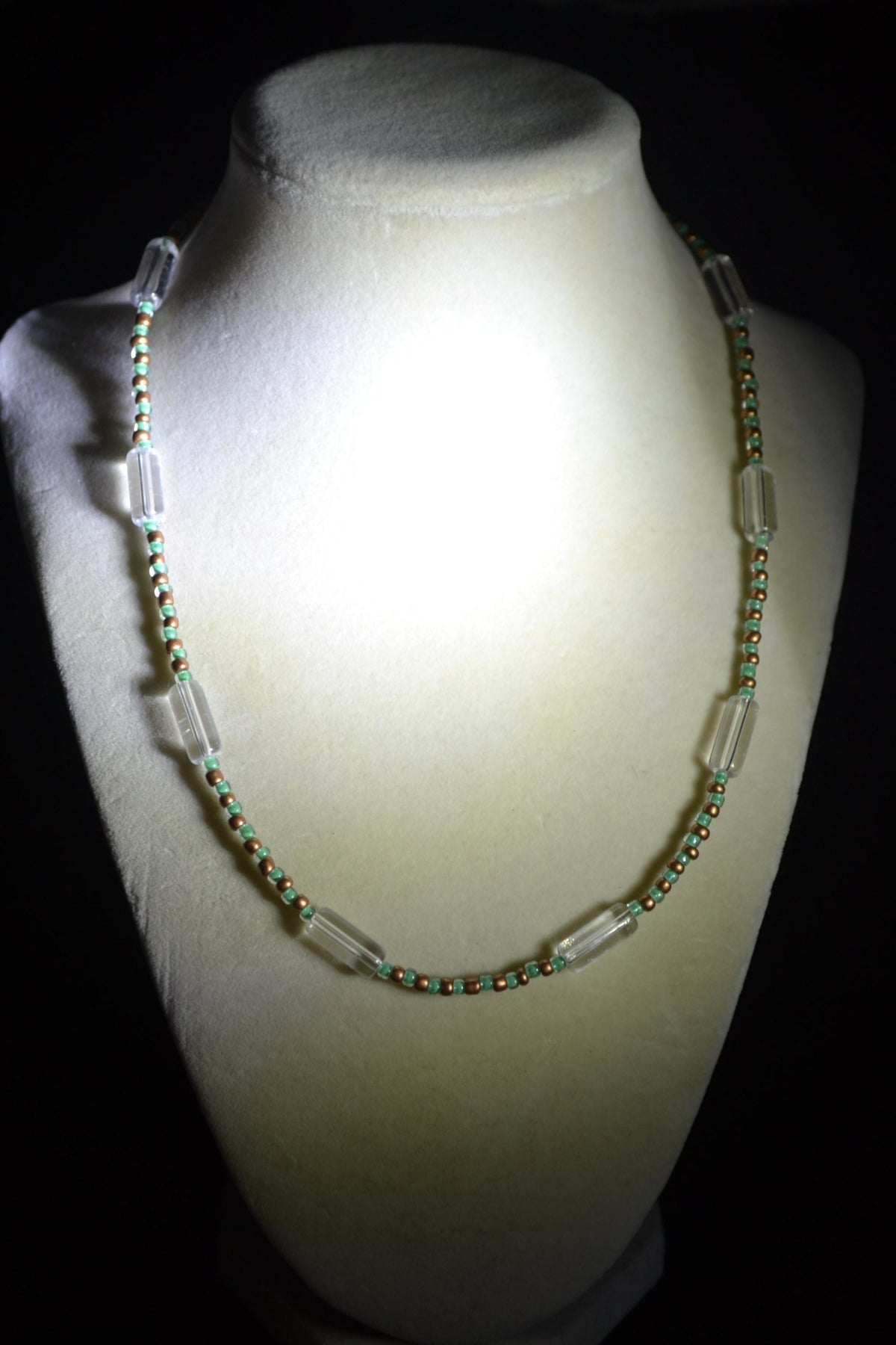 Multicolor glass bead necklace. Bronze and teal