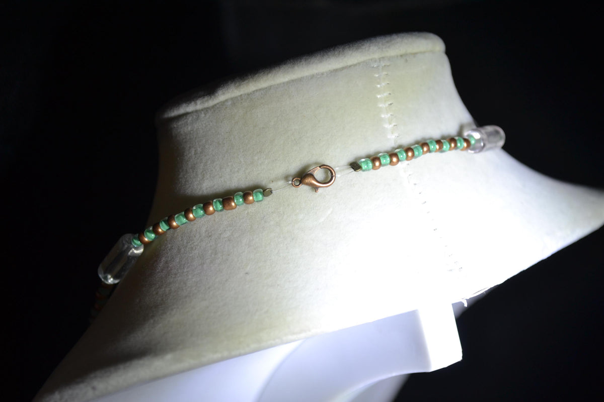 Multicolor glass bead necklace. Bronze and teal