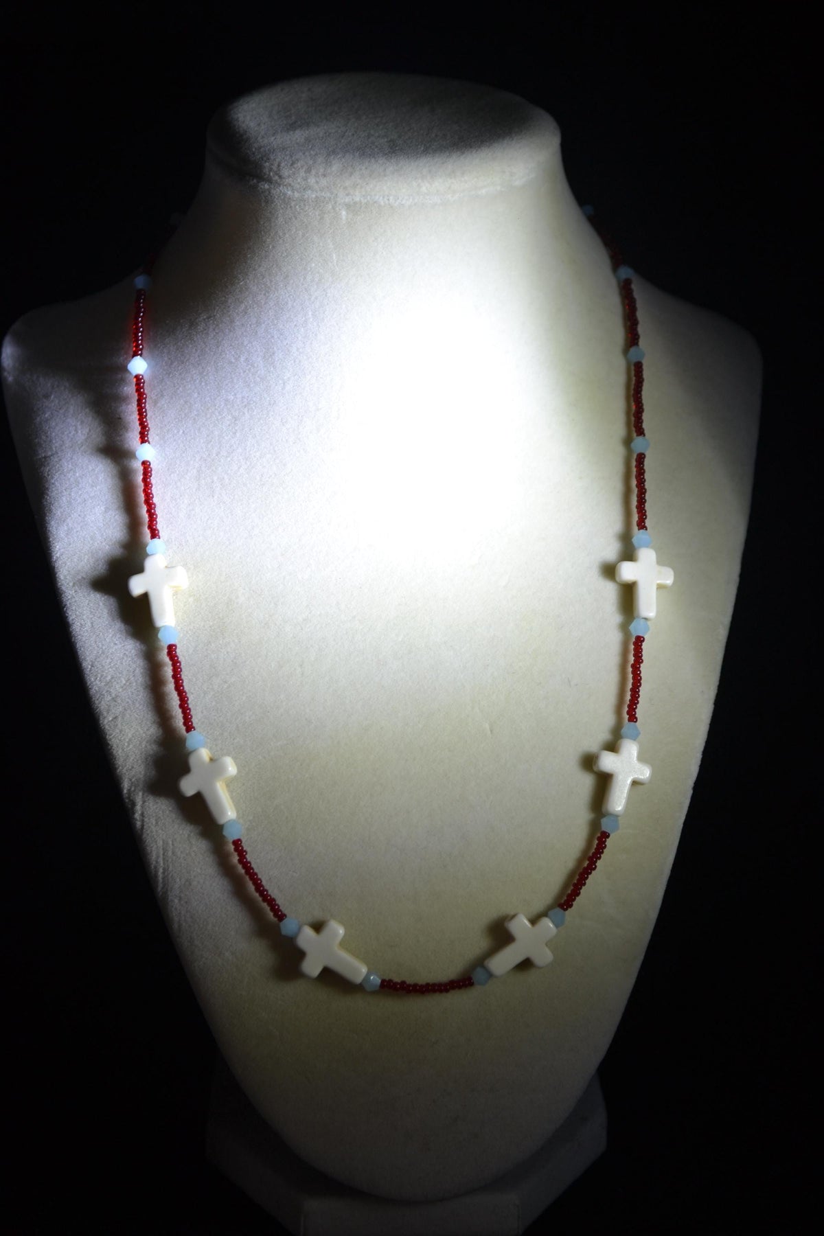 Beaded Cross glass necklace. Red, white, and blue