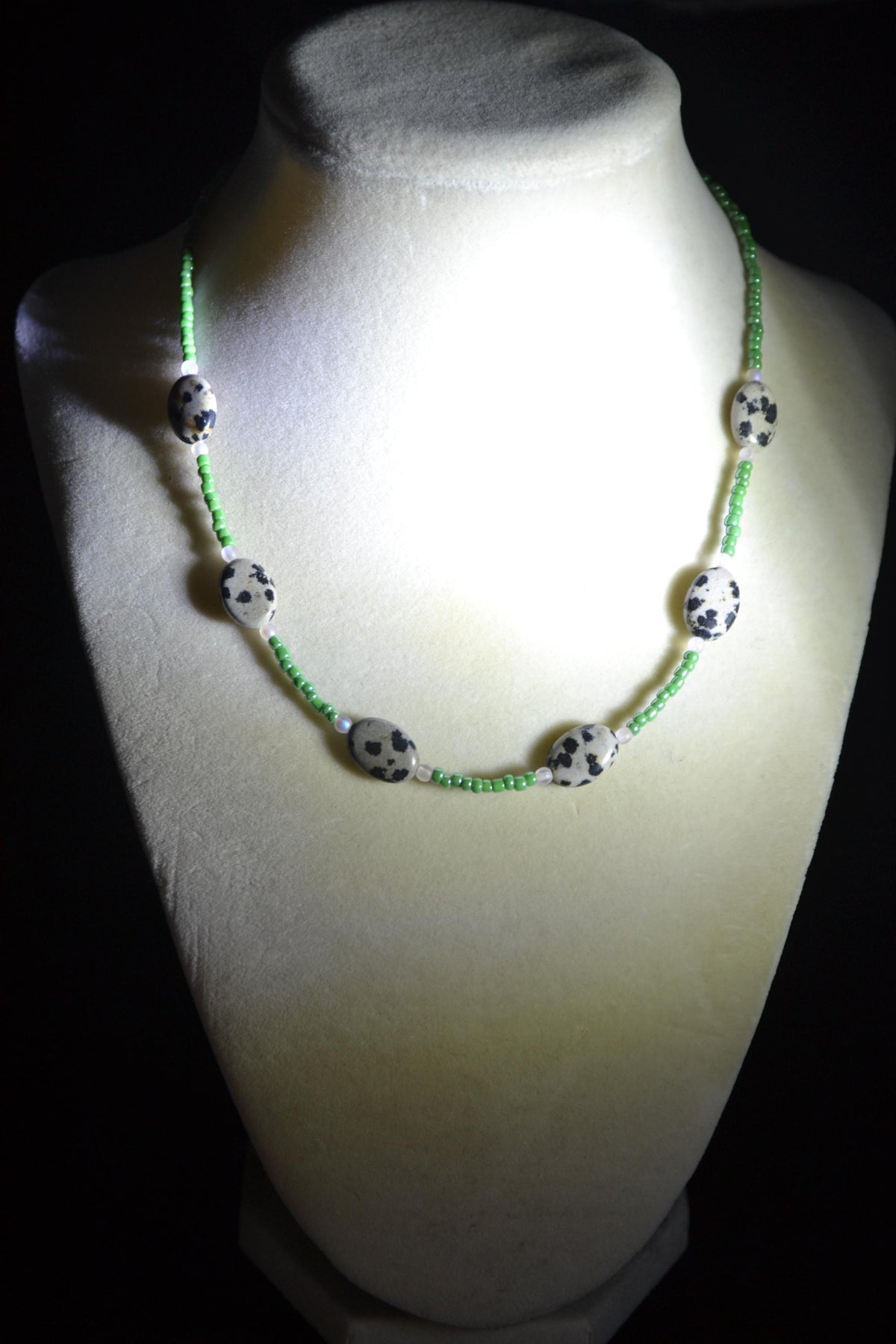 Multicolor glass bead choker. Dalmatian, green, and frosted pink