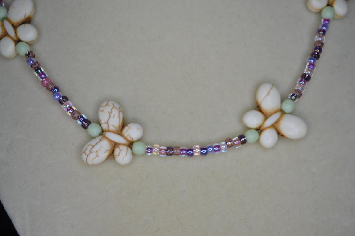 Beaded Butterfly Choker. Purples, white, pinks, and mint.