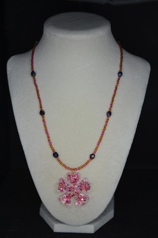 Y2K Flower Pendant Beaded Necklace. Fuschia, brown, and metallic black