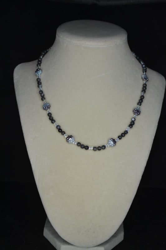 Multicolor glass bead necklace. Cornflowers, black agate, and crystal