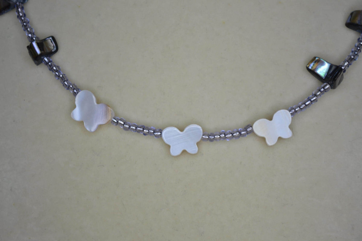 Multicolor glass bead necklace. Abalone, blue and mother of pearl butterfly