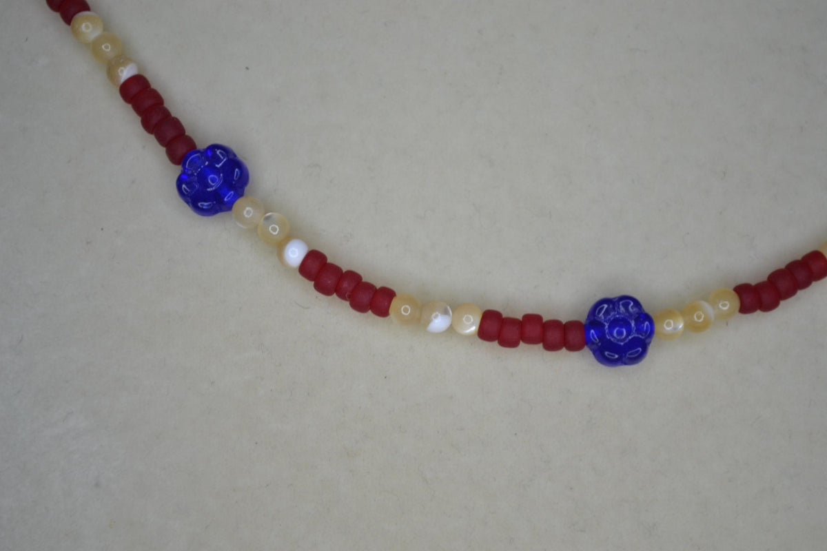 Multicolor glass bead necklace. Cobalt flowers, mother of pearl, and burgundy