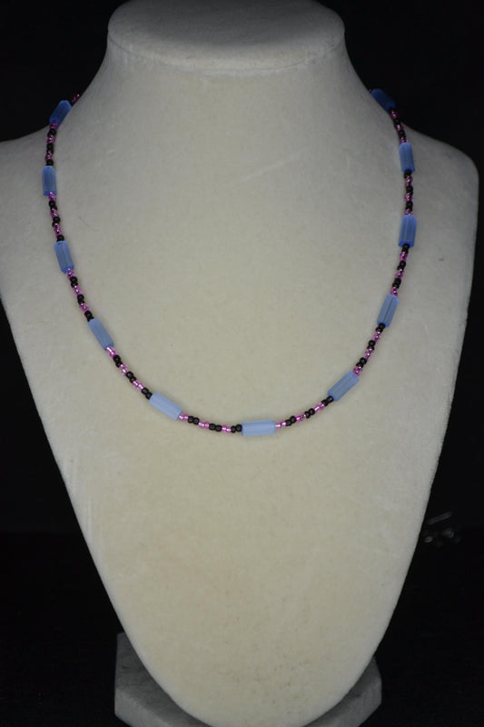 Multicolor glass bead necklace. Blue cat eye, pink, and black