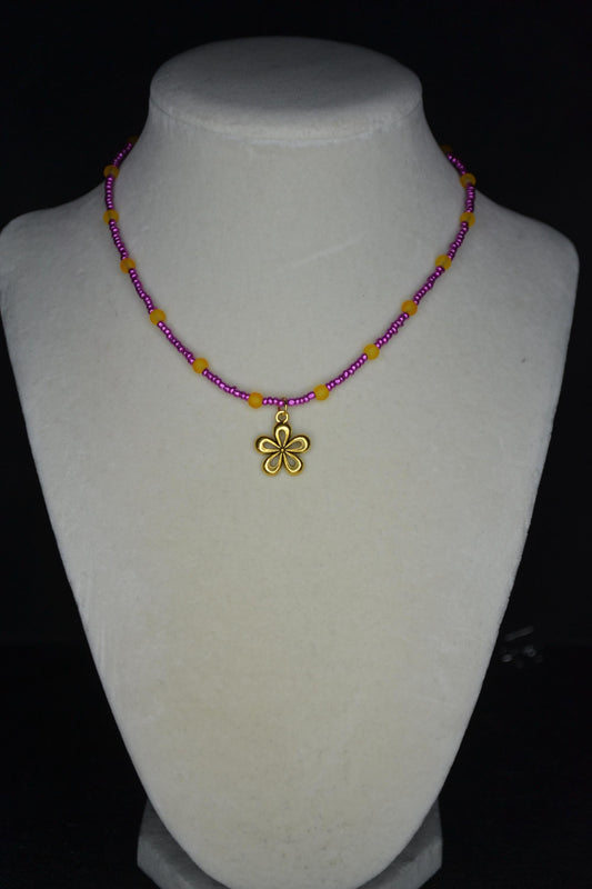 Gold flower pendant glass bead choker. Metallic pink and frosted orange