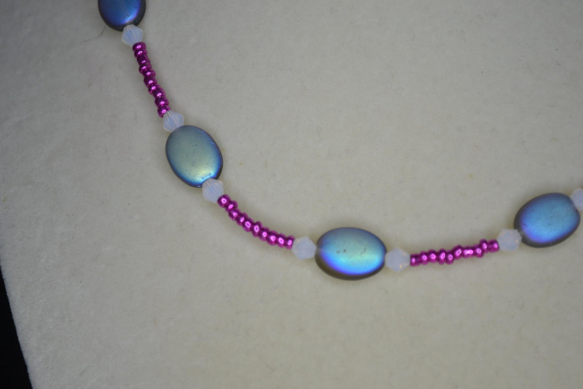 Multicolor glass bead necklace. Metallic pink, frosted grey, and milky white