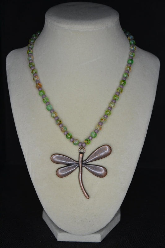 Bronze Dragonfly pendant glass bead necklace. Green and purple