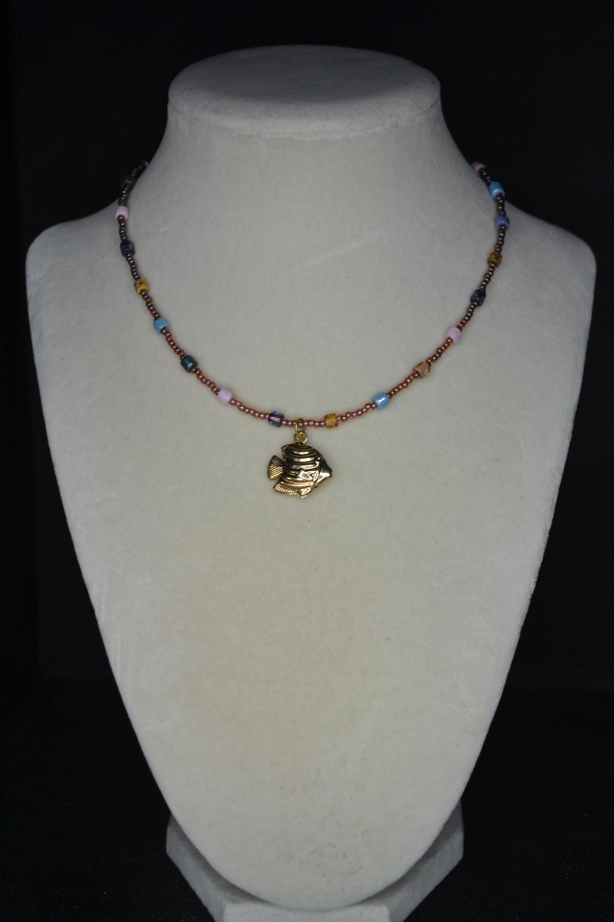 Gold Angelfish pendant glass bead choker. Iridescent brown & mixed Picasso