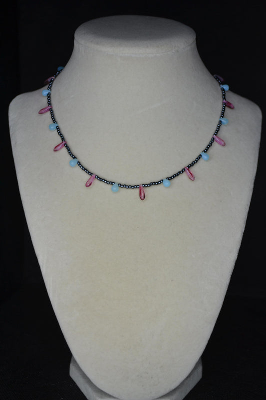Multicolor glass bead choker. Gunmetal, Aqua, and raspberry