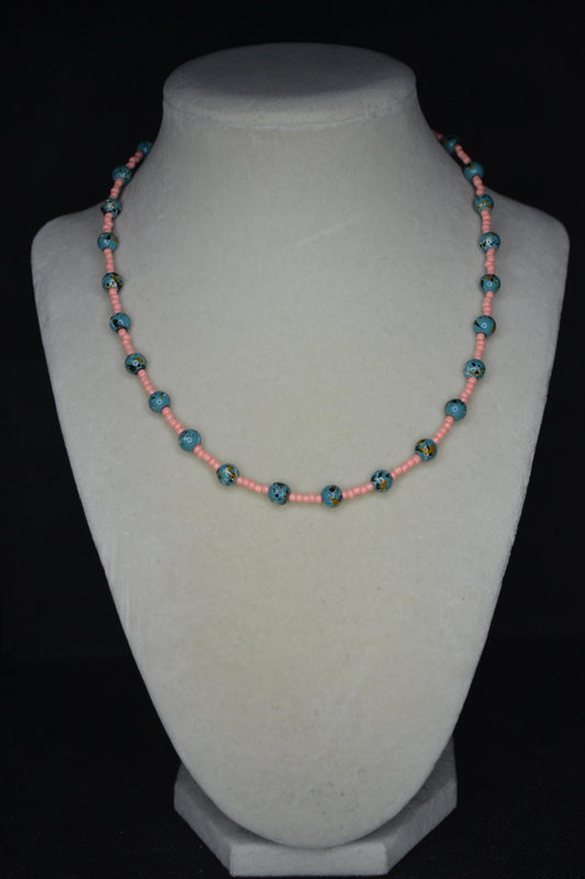 Multicolor glass bead necklace . Coral and turquoise