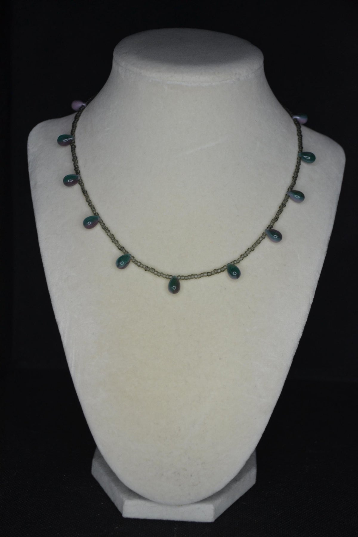 Multicolor glass bead necklace. Blue, purple, and grey