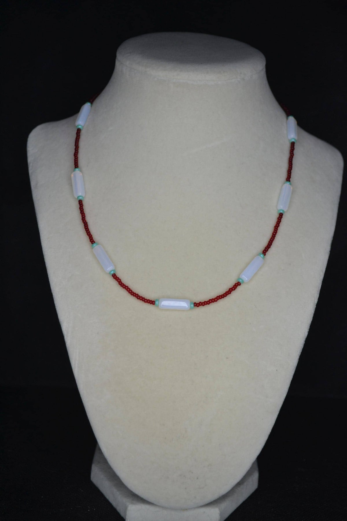 Multicolor glass bead necklace. Red, moonstone, and turquoise