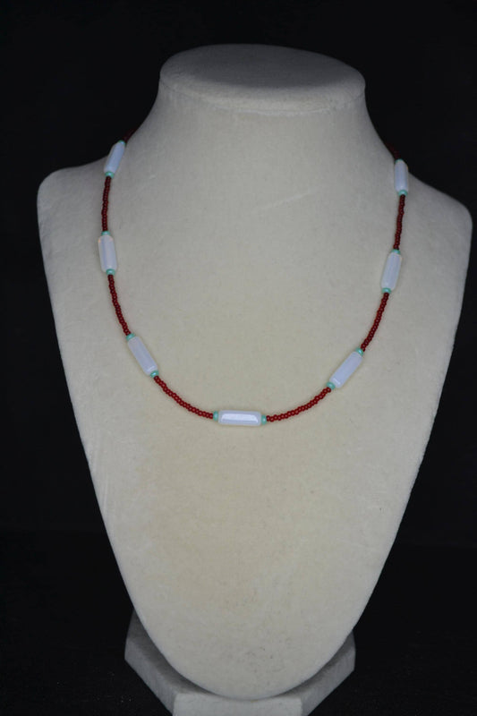 Multicolor glass bead necklace. Red, moonstone, and turquoise