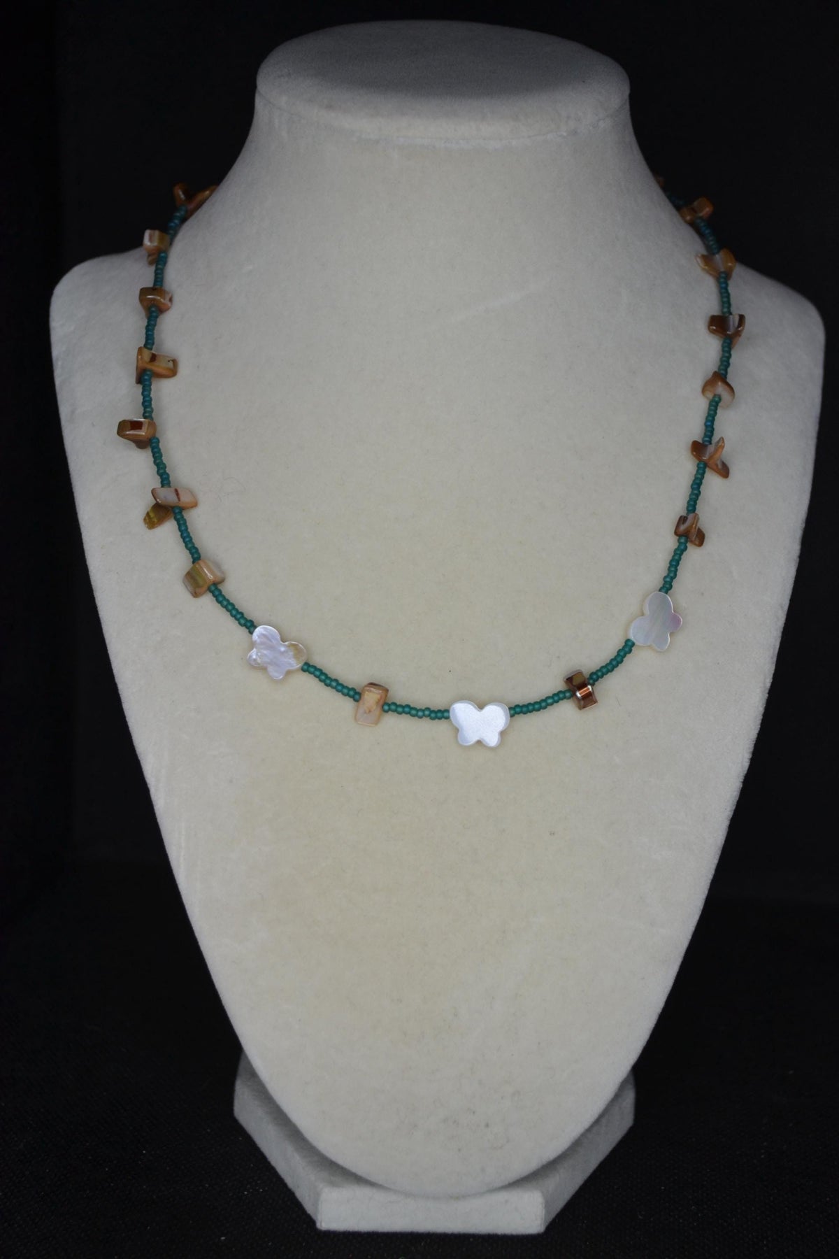 Multicolor glass bead necklace. Teal, brown abalone, white butterfly abalone
