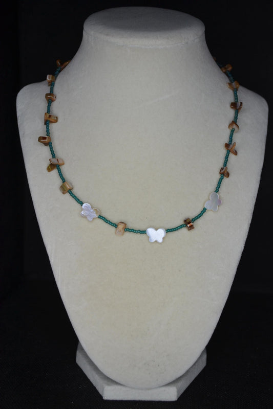Multicolor glass bead necklace. Teal, brown abalone, white butterfly abalone
