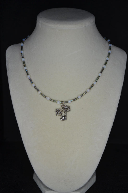 Palm tree pendant glass bead necklace. Oil spill and moonstone