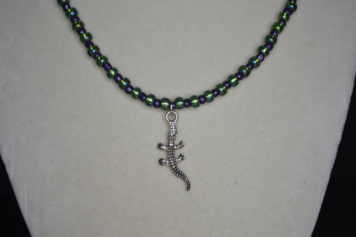 Silver Alligator gecko pendant glass bead necklace. Grape and green