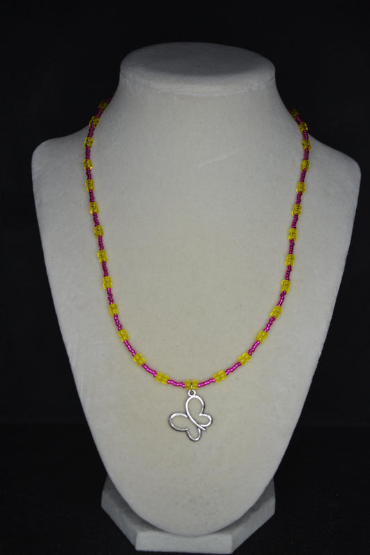 Silver Butterfly pendant glass bead necklace. Pink lemonade