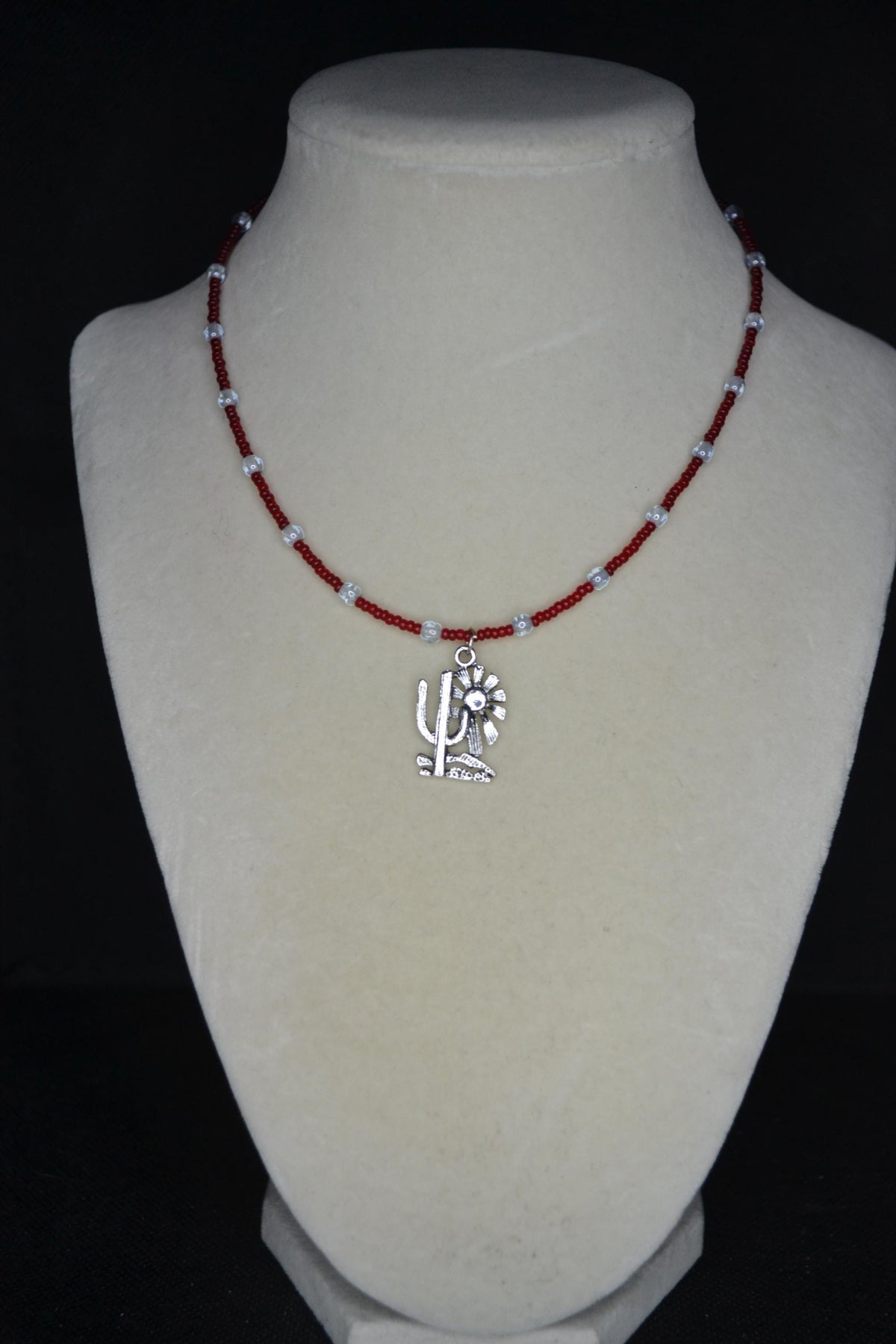 Silver Cactus and Sun pendant glass bead choker. Red and silver