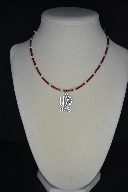 Silver Cactus and Sun pendant glass bead choker. Red and silver