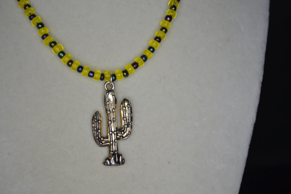 Silver Cactus pendant glass bead choker. Yellow and metallic black