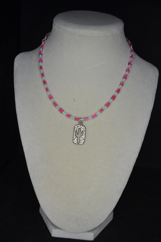 Silver Cactus pendant glass bead necklace. Aqua and fuchsia
