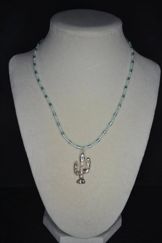 Silver Cactus pendant glass bead necklace. Pearl green and silver
