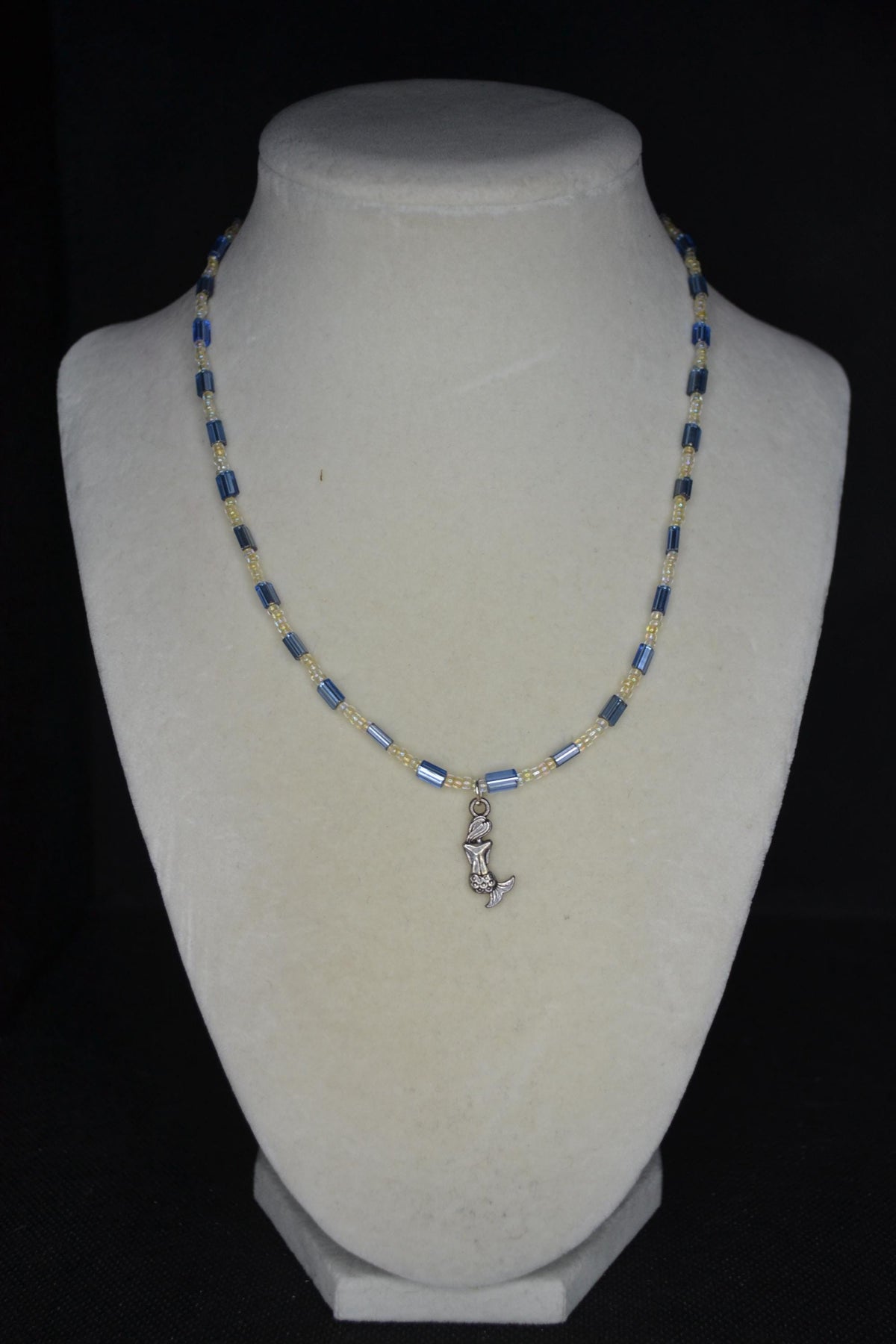 Silver Mermaid pendant glass bead necklace. Blue and sand