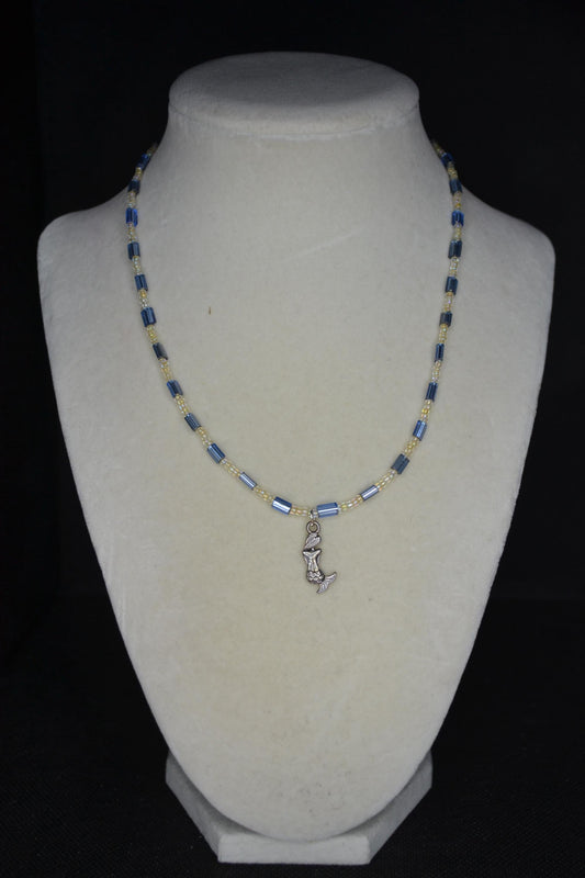 Silver Mermaid pendant glass bead necklace. Blue and sand